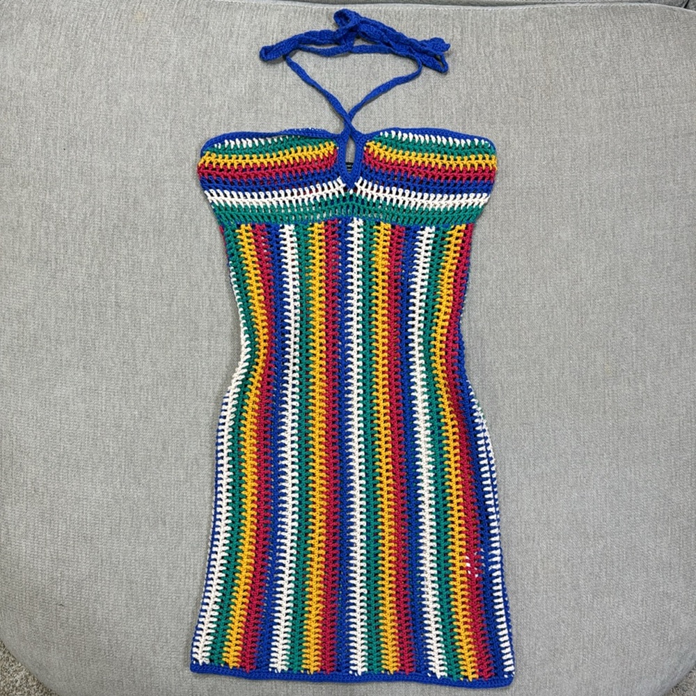 Colorful Crochet Striped Halter Dress / Coverup